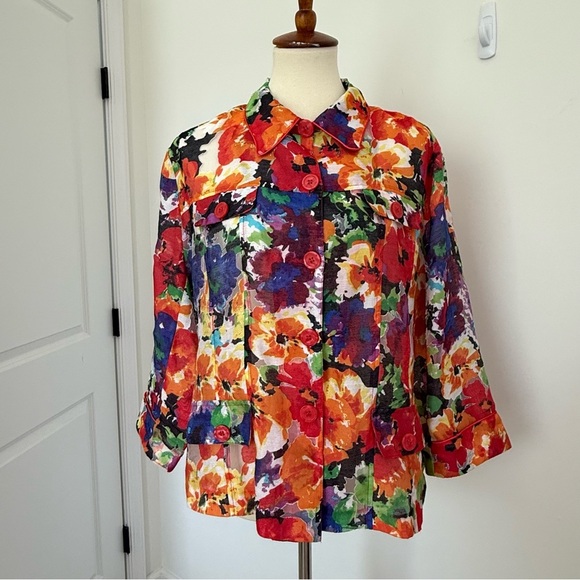 Erin London Floral Print Blazer Size XL Jacket 3/4 Sleeve Pink Career Office - Picture 1 of 13